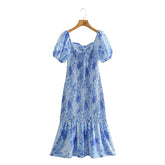 Lizakosht Printed Dots Smocking Bodycon Midi Summer Beach Dress for Women 2023 Puff Sleeve Blue Elegant Long Beach Party Vestidos